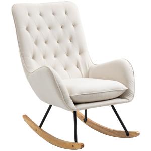 Gungstol Relaxstol Krämvit av Linne och Metall för Avkoppling Bekväm Fåtölj med Träben Modern Design 69 x 90 x 100 cm