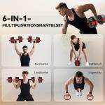 Hantelset 6 i 1 Justerbart Röd Kompositmaterial för Hemmaträning 20 kg Viktsats med Skivstångsfunktion och Kettlebellgrepp Mångsidig Utrustning
