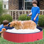 Hundbassäng Stor Plaskdamm för Hundar Pool PVC och Trä för Sommarnjutning och Svalka Röd Ø140 X H30 Cm