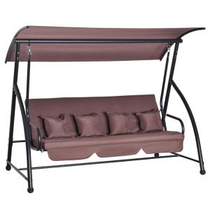 Lyxig Hammock med Liggfunktion, 3-Sitsig Trädgårdsgunga med Justerbart Tak, Bekväm Hängsoffa i Polyester, Brun, 215 x 120 x 165 cm