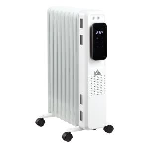 Portabelt Oljefyllt Element, Elektriskt Element med 9 Flänsar och Timer, Justerbar Värme för Hemmet, Vit, 42,5 x 24 x 63 cm, 2180 W