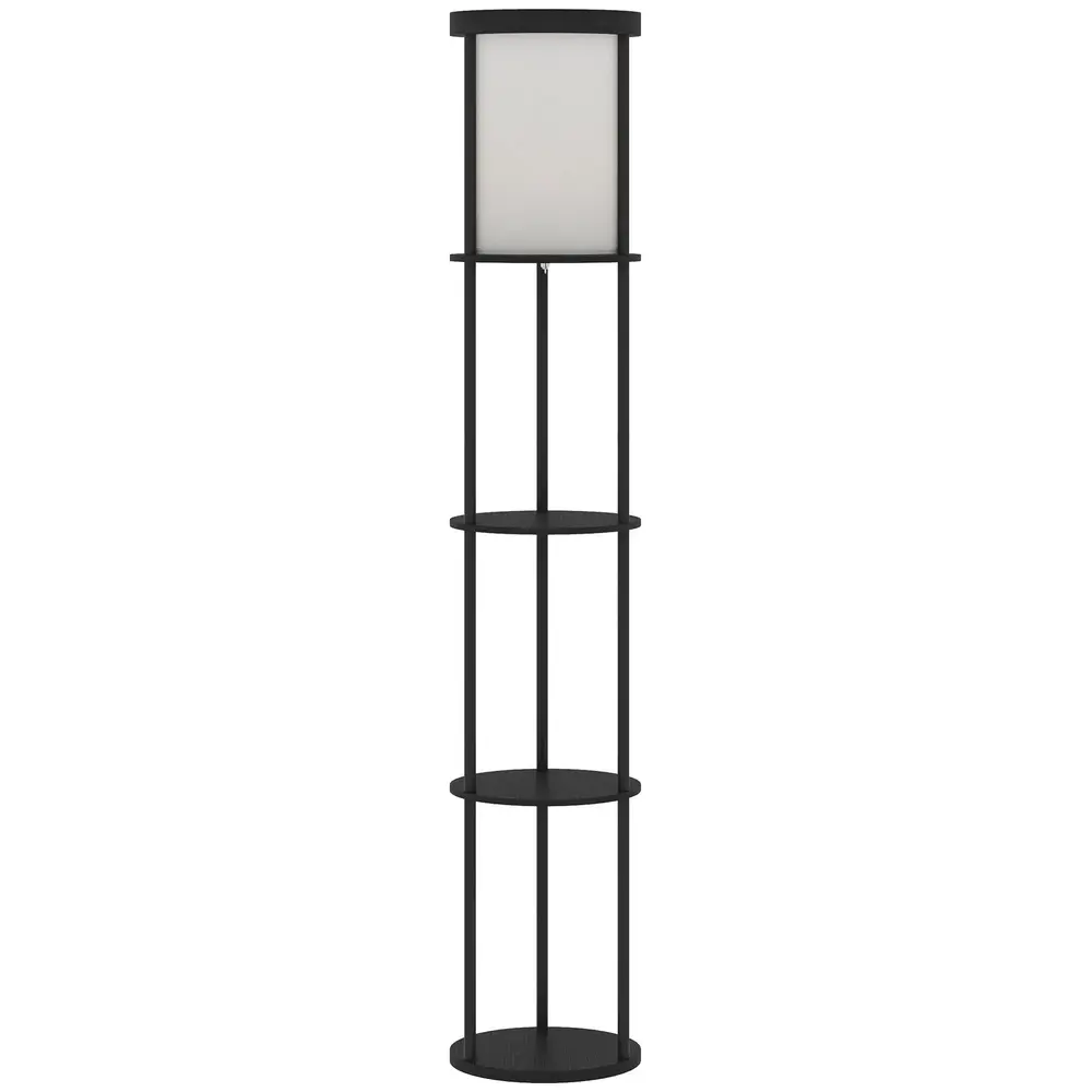 Golvlampa med Hyllor Svart MDF och Tyg Hylllampa 3 Plan