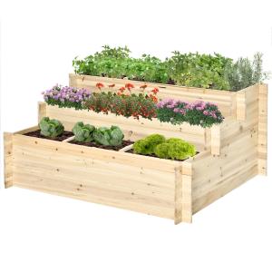 Odlingslåda Hållbar Natur Trä för Trädgård och Altan med Tre Våningar och Fiberduk Robust Planteringslåda i Massivträ 117 x 100 x 54 cm