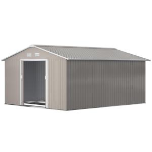 Verktygsbod Trädgårdsbod med Taktak Kolgrå av Galvaniserat Stål för Trädgård Skjul med Skjutdörr och Grund 12,4 m² 340 x 386 x 200 cm