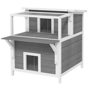 Katthus Kattgrotta Ljusgrå av Granträ för Katter upp till 5 kg Utomhus Hus med Balkong 64 x 87 x 76 cm