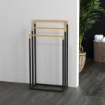 Handduksställ Badhanddukshållare Svart av Stål och Bambu för Badrum Fristående med 3 Stänger Modern Design Praktisk