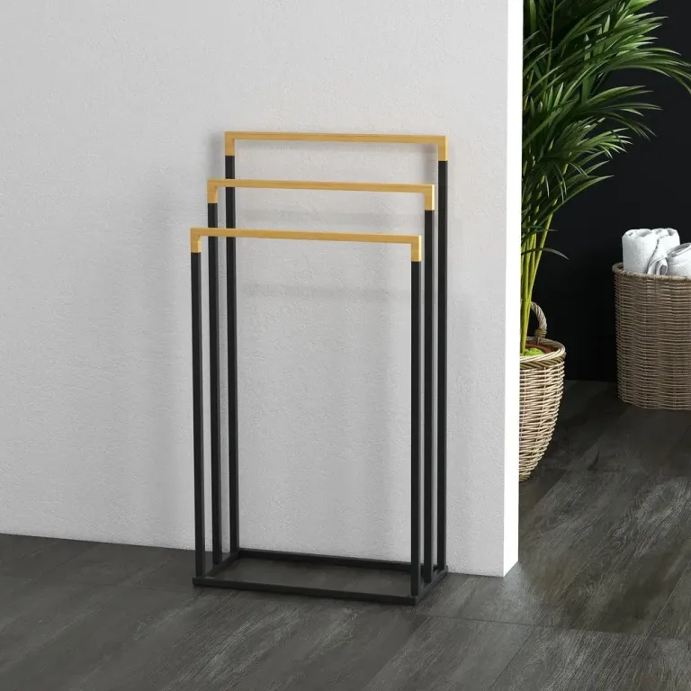 Handduksställ Badhanddukshållare Svart av Stål och Bambu