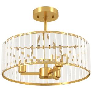 Taklampa med Ljuskronadesign, Kristallskärm, 3 Lampor i Metall, Guld