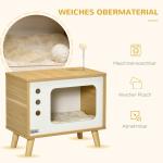 Katthus i TV-Design, Retro Kattkorg med Lekboll och Dyna, Rolig Sovplats för Katter, Ek/Beige/Vit, 50 x 28 x 43 cm