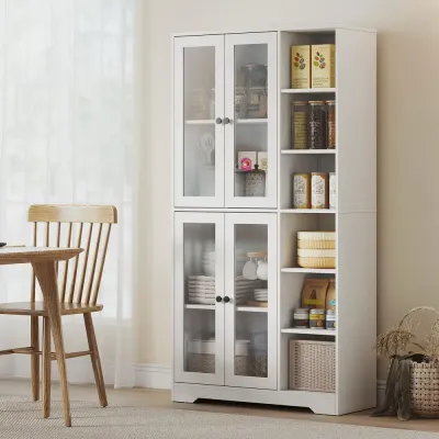 Köksskåp med Glasdörrar Vit MDF Rymligt Vitrinskåp 172 cm