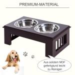 Hundskål Set 2 Foderskålar Rostfritt Stål Upphöjd Kattskål MDF Lättskött Kaffe 44 X 24 X 15 Cm