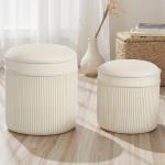 Förvaringspall 2-pack Rund Gräddvit Sammet för Vardagsrum Sittpuff med Lock och Förvaring Elegant Fotpall med Gulddetalj 36x36x41,5 cm