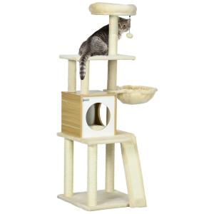 Kattträd Klösträd Beige av Trä och Sisal för Kattungar Skrapstolpe med Kattgrotta och Hängande Säng Klätterträd 141,5 cm