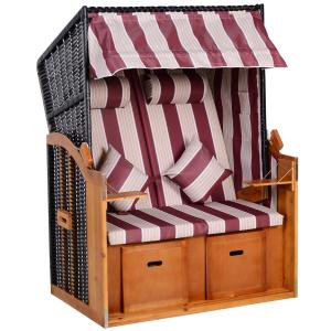 Dubbel Solstol med Tak 5-Nivå Ryggstöd Schäslong med Dryckeshållare PE Rotting Röd Vit 118 X 79 X 160 Cm