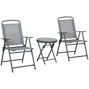 Trädgårdsmöbler Bistroset Ljusgrå av Stål och Nät för Balkong och Terrass Hopfällbart Set med 1 Bord och 2 Stolar Slitstarkt 53,5 x 64 x 93 cm