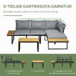 Loungegrupp i Aluminium 3 Personer, Modern Utemöbel med Soffa och Fåtölj, Inkluderar Dynor i Trälook, Mörkgrå/Natur