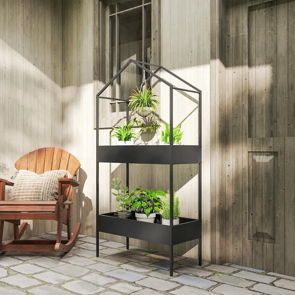 Blomställer Husform Svart Metall 2 Hyllor 150 Cm