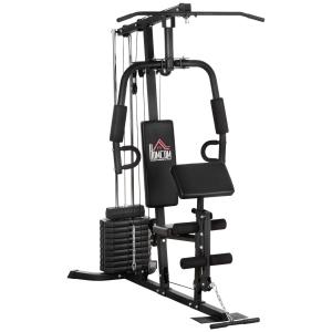 Hemgym med 45 kg Viktmagasin, Multifunktionell Träningsstation, Latdrag och Bröstpress för Helkroppsträning, Svart/Röd