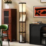 Golvlampa med Hyllor Svart MDF och Tyg för Vardagsrum Hylllampa med 3 Plan och Fjärrkontroll Dimbar Belysning Smart Design och Förvaring