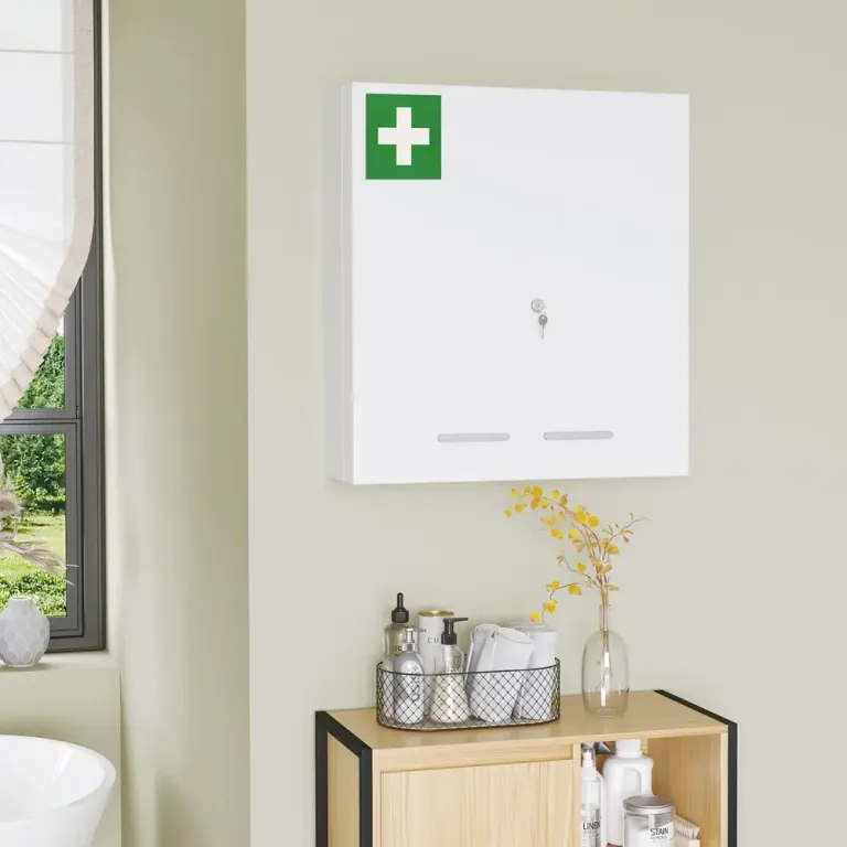 Medicinskåp 6 Invändiga Fack Låsbart 55 x 18 x 60 cm, Vit