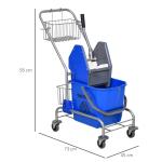 Städvagn Hushållsvagn med Bakpress Blå av Plast och Metall för Städning Vagn med Hink 26 l och Korg 73 x 45 x 95 cm