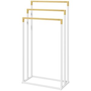 Handduksställ Badrumsställ Vit av Stål och Bambu för Badrum Fristående med 3 Handduksstänger Modern Design
