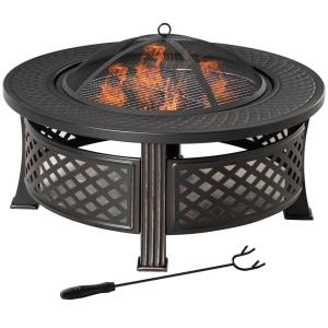 Eldfat med Gnistskydd, Runt Eldstad med Grillgaller och Poker, Robust Utemöbel för Trädgård och Camping, Svart, 81 x 81 x 50 cm