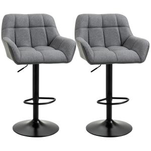 Barstolar i Linnetyg 2-Pack, Snurrbara Köksstolar med Ryggstöd, Justerbar Höjd och Fotstöd, Grå, 57,5 x 52,5 x 93-114 cm