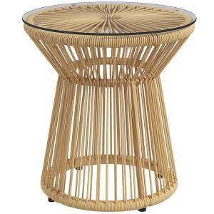 Sidobord Trädgårdsbord Beige av Metall och Glas för Uteplats Runt Soffbord med Ihålig Trumma Design Glasbordsskiva