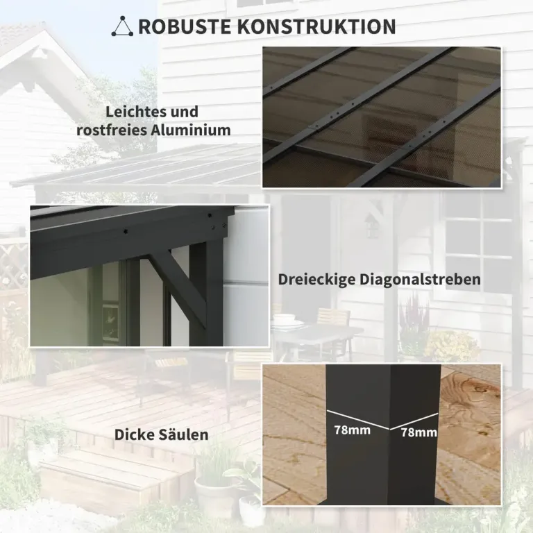 Pergola Paviljong med Väggfäste Mörkgrå av Metall 3 x 3 m
