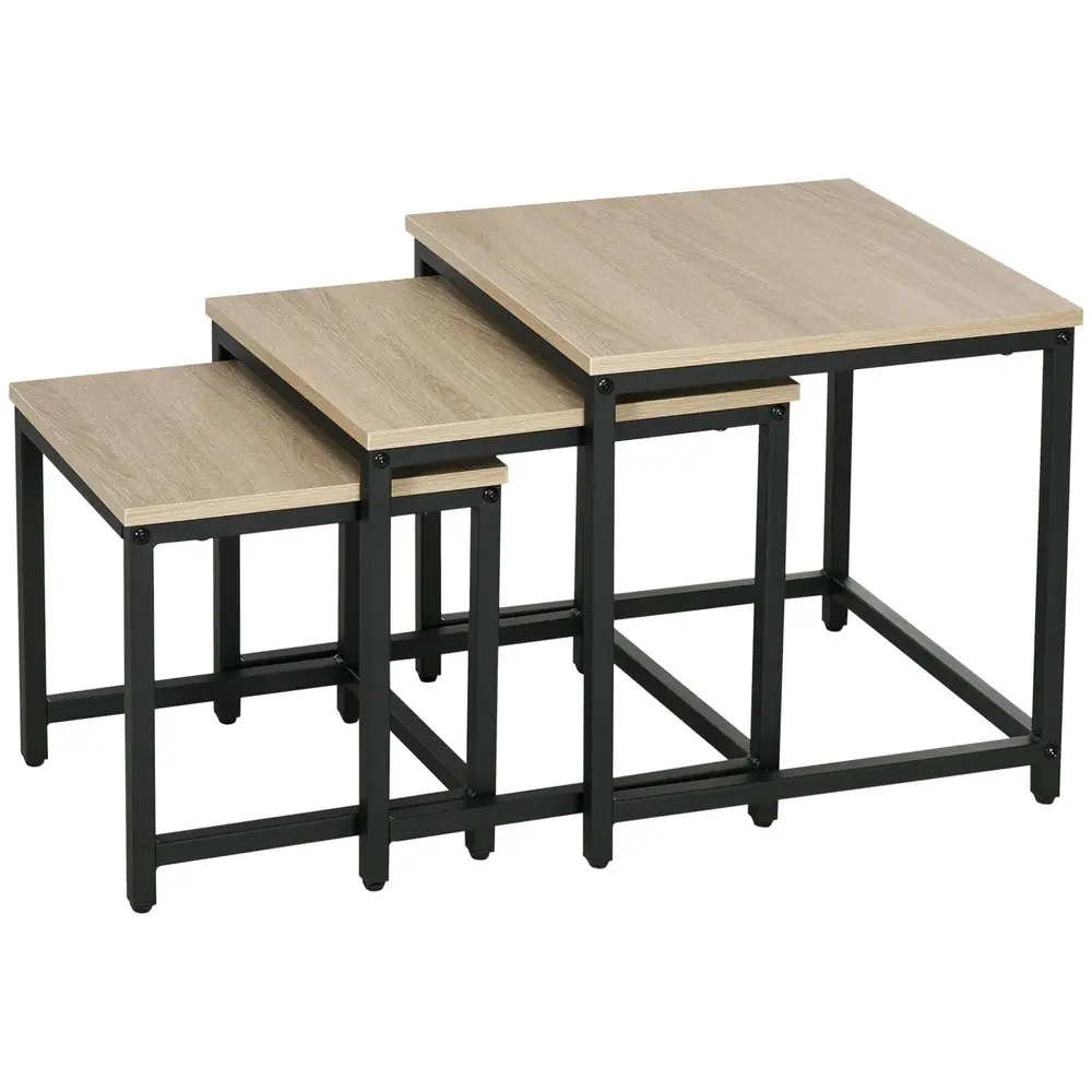 Soffbord Sidobord Set Om 3 Natur av Trälook och Stål