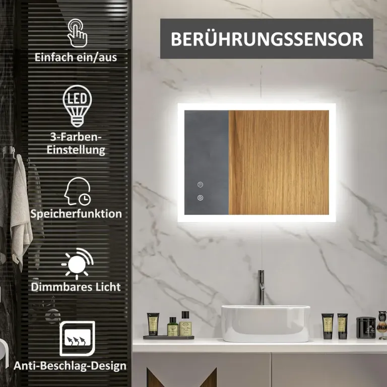 LED-Badrumsspegel Bakgrundsbelyst Pekfunktion 80 x 60 cm