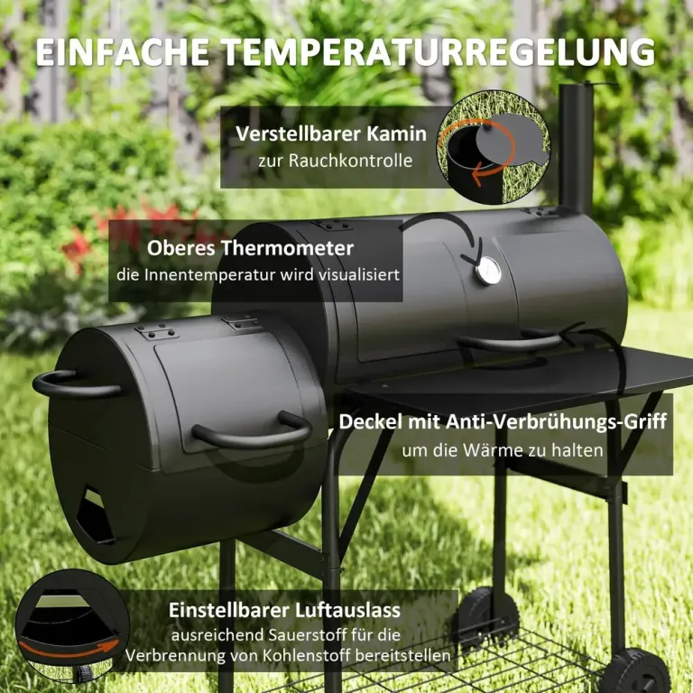 Kolgrill Bbq Rökare med Lock Svart 109 x 60 x 120 cm