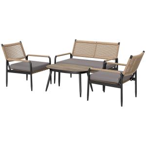 Trädgårdsmöbelset i Polyrattan Loungeset med 2-sits Soffa, Fåtölj och Glasbord för 4, Mörkgrå+Gul