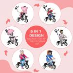 Trehjuling Barncykel Rosa av Metall och Plast för Barn 1-5 År 2-i-1 med Push Bar och Soltak Säkerhetsbälte Korg