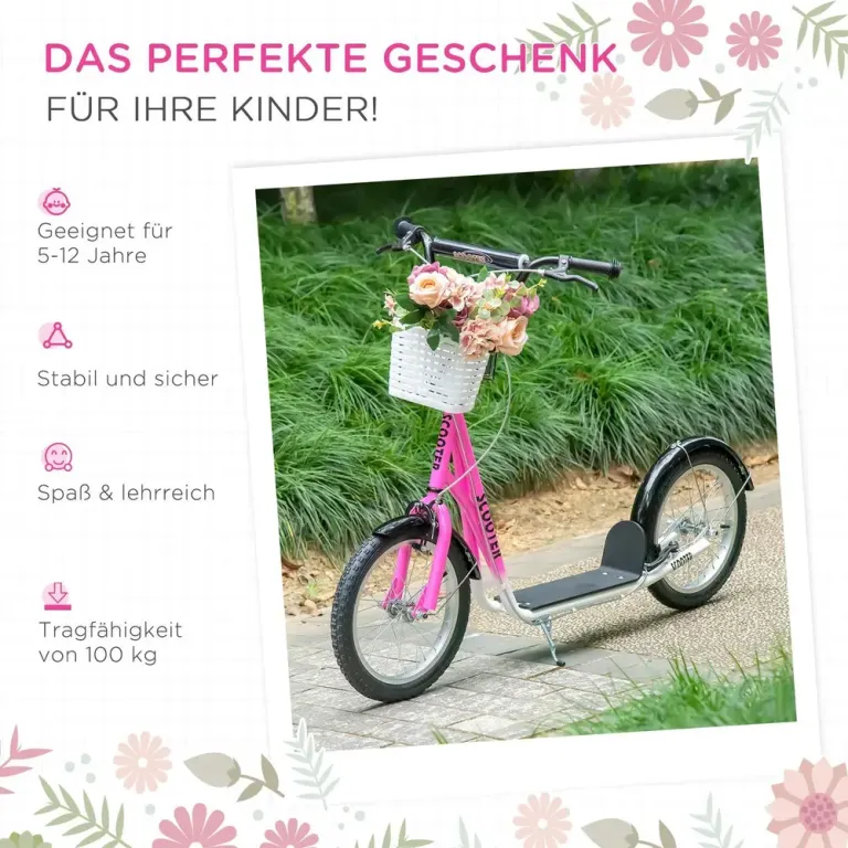 Sparkcykel för Barn med Korg och Broms Rosa