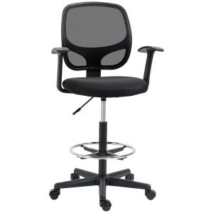 Ergonomisk Ritstol med Fotring, Höj- och Sänkbar Arbetsstol, Bekväm Snurrstol för Höga Skrivbord, Svart, 60 x 56 x 110-132 cm