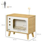 Katthus i TV-Design, Retro Kattkorg med Lekboll och Dyna, Rolig Sovplats för Katter, Ek/Beige/Vit, 50 x 28 x 43 cm
