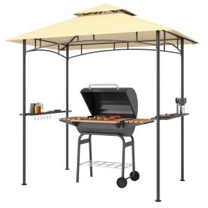 Grillpaviljong Trädgårdspaviljong med LED Beige av Metall och Tyg för Fest och Grill Vattentät BBQ Paviljong 240 x 150 x 258 cm