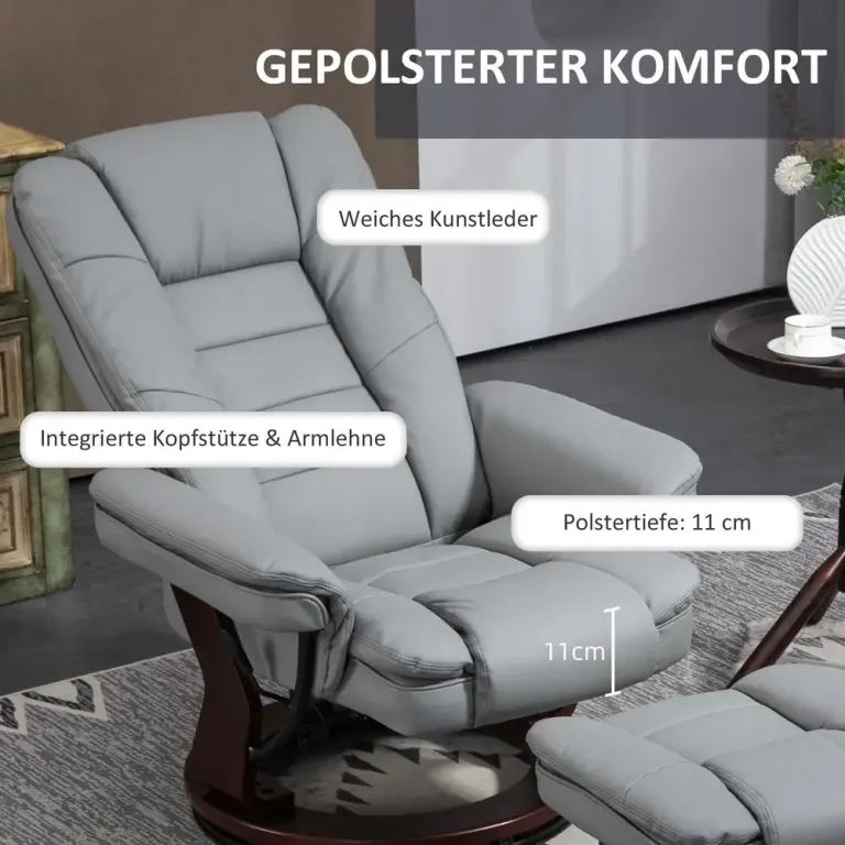 Relaxfåtölj Vilstol med Pall och Liggfunktion Grå