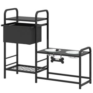 Matbar Hund med Förvaring Justerbar Svart MDF och Rostfritt Stål för Hundar Upphöjda Matskålar med Låda och Hylla 800 ml 90x27x74 cm