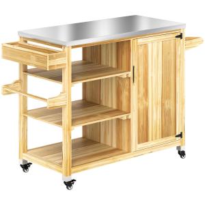 Grillvagn Serveringsvagn med Arbetsyta Natur av Trä för Trädgård och Terrass BBQ Grillbord med Handdukshängare 134,5 x 50 x 91,5 cm