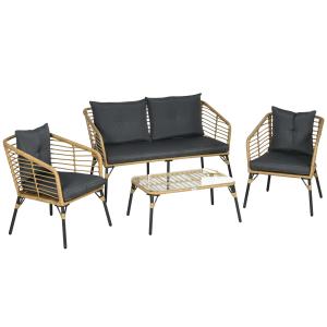 Loungegrupp i Konstrotting 4 Delar, Modern Utemöbel med Soffa och Fåtöljer, Inkluderar Dynor i Boho-Stil, Sand/Mörkgrå
