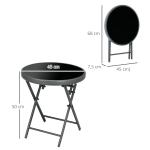 Sidobord Fällbord Litet Campingbord Svart av Glas och Metall för Balkong och Terrass Runt Soffbord 45 x 45 x 50 cm