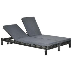 Solstol Polyrattan Trädgårdssäng för 2 Personer Relaxstol 5-Nivå Ryggstöd Metall och PE Rotting 196 X 120 X 28 Cm
