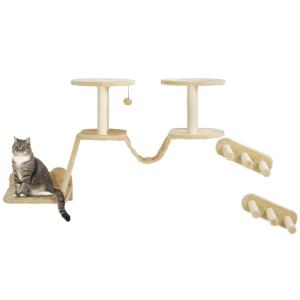 Kattklättervägg Kattmöbel Beige av Sisal och Trä för Katter upp till 5 kg 3 Delar Väggmonterad med Skrapstolpe och Stege