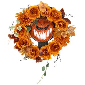 Halloweenkrans med Grusel Pumpadesign och Höstlöv samt Ljuseffekter för Dekoration Hållbar och Prisvärd Flerfärgad Plast och Tyg