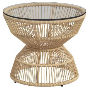 Sidobord Trädgårdsbord Natur av Trä och Glas för Trädgård Soffbord i Boho Design med Härdat Glasbordsskiva Ø 60 cm