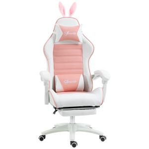 Ergonomisk Gamingstol med Svankstöd, Fotstöd och Bunny Ears-kudde, Rosa