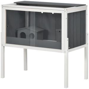 Hamsterbur Gnagarbur med 2 Hyddor Grå av Trä och Glas för Dvärghamstrar Stor Musbur med Tillbehör 82 x 45 x 81 cm
